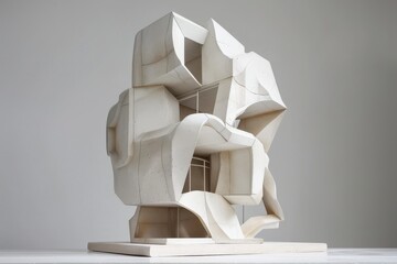 Canvas Print - A white abstract architectural sculpture positioned atop a table, An abstract architectural sculpture that defies gravity and logic