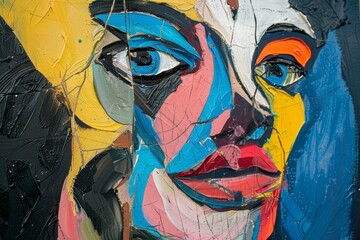 Sticker - Detailed close-up view of a painted portrait showcasing a womans facial features, An abstract interpretation of a face that blends multiple features together