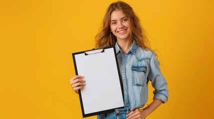 Full size photo of nice young girl clipboard whiteboard wear denim shirt isolated on yellow color background 