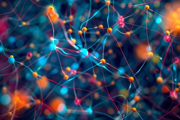 Poster - Close-up view of a tangled bunch of various wires forming an intricate network, An abstract neural network diagram taking shape in vibrant colors