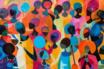 Poster - A painting depicting a group of individuals holding hands in unity, symbolizing harmony and togetherness, An abstract representation of music and laughter filling the air at a lively gathering