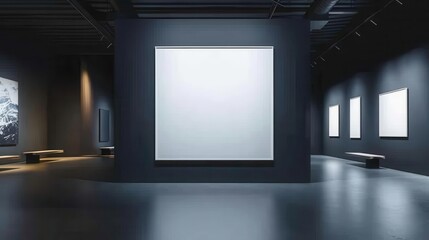 Wall Mural - minimalist gallery interior large blank frame on dark wall soft focused lighting modern sleek design with clean lines and subtle shadows