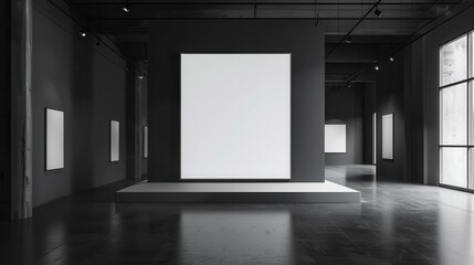 Wall Mural - minimalist gallery interior large blank frame on dark wall soft focused lighting modern sleek design with clean lines and subtle shadows