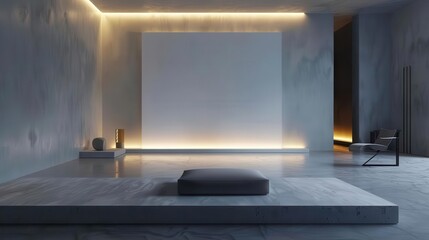 Wall Mural - minimalist gallery space single large white canvas centered on wall soft indirect lighting polished concrete floor sparse modern furnishings