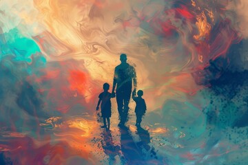 Canvas Print - A painting depicting a man and two children walking through the water, An abstract representation of the bond between a father and his children