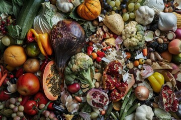 Poster - A variety of fruits and vegetables piled together in a colorful mix, An abstract representation of wasted food in various stages of decay