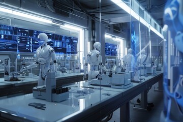 Sticker - Numerous white robots stand closely together in a high-tech laboratory, An advanced laboratory filled with holographic screens and robotic assistants conducting experiments