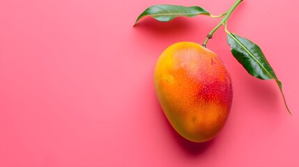 Canvas Print - Mango Fruit With Green Leaf On Pink Background.