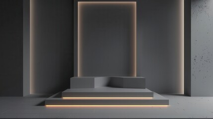 Wall Mural - minimalist stage set with gradient grey backdrop subtle lighting creating depth empty podium for product display sleek and modern aesthetic