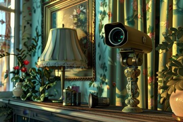 Poster - Film camera placed on a mantle next to a lamp in a room setting, An AI-generated image of a hidden camera disguised as a common household object