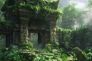 Poster - An ancient building surrounded by dense greenery in the heart of the jungle, An ancient ruins covered in lush greenery and hidden symbols