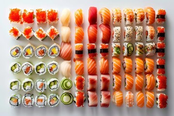 Wall Mural - Assorted Sushi on White Surface, An artistic and creative collage of different types of sushi arranged in a visually appealing pattern