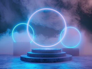 Wall Mural - Empty blue podium floating in the air with blue neon ring on background. Made with generative ai