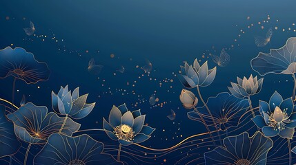 Wall Mural - Luxury lotus flower background. Elegant white lotus flowers golden line art, leaves, gradient color on blue. Generative Ai