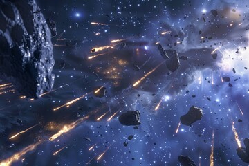 Poster - A space station filled with rockets flying through a chaotic asteroid field, An asteroid field scattered with debris and meteors