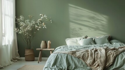 Canvas Print - serene minimalist bedroom with sage green walls featuring a lowprofile bed adorned with tactile linens and a casually draped throw embodying tranquil simplicity