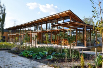 Poster - A contemporary school building designed with numerous eco-friendly windows to maximize natural light indoors, An eco-friendly school building made from sustainable materials