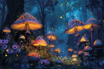 Canvas Print - A group of diverse mushrooms growing among fallen leaves in a vibrant woodland setting, An enchanted forest filled with colorful mushrooms and glowing fireflies