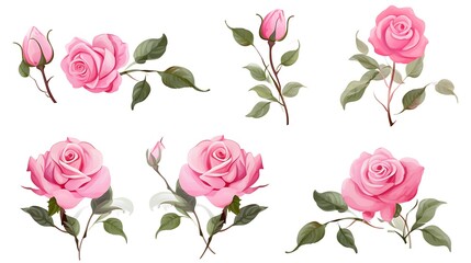 Wall Mural - Set of roses, Beautiful pink spring flower and leaves isolated background. Watercolor hand drawing Botanical painting. Generative Ai