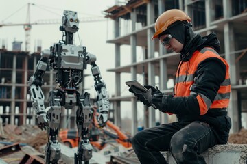 Poster - A man seated on top of a cement block next to a robotic machine in an industrial setting, An engineer collaborating with intelligent robots on a construction site