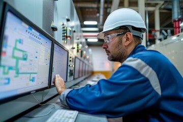 a man in a hardhat working on configuring alarms and notifications on a computer screen, an engineer