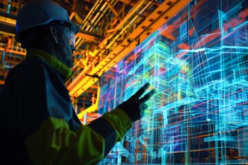 Canvas Print - Engineer interacting with digital simulation on large screen, An engineer exploring a digital simulation of a new engineering project