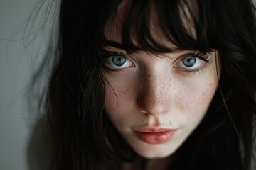 Poster - Closeup portrait of a woman with piercing blue eyes and freckles