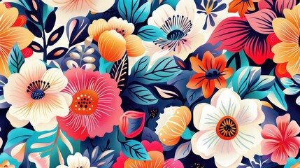 vibrant floral pattern on plain background abstract stylized flowers and leaves in bold colors seaml