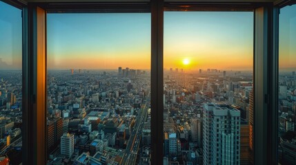 Wall Mural - A panoramic view from an apartment window during the golden hour, where the whole city seems to glow with a golden hue, enhancing the visual appeal of the urban buildings and busy streets below.