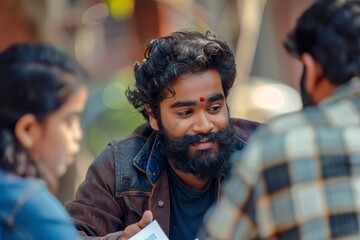 Canvas Print - A bearded Indian man engaging in a discussion with a diverse group of individuals, An Indian man with a beard discussing a project with colleagues