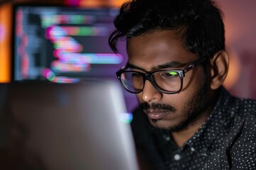 Poster - A focused Indian man wearing glasses looking at a computer screen, An Indian man with glasses and a focused expression coding on a laptop