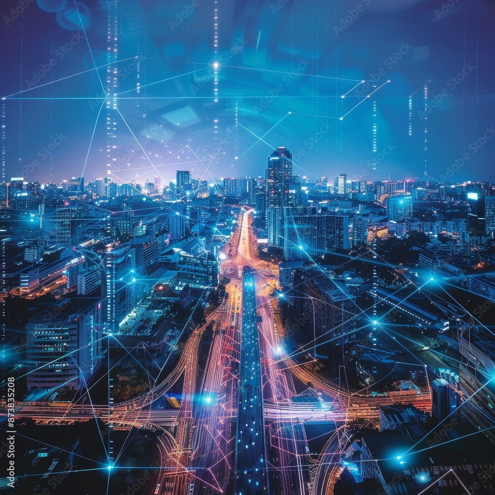 Cityscape illuminated at night with buildings, streets, and lights ...