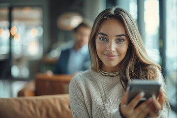 Sticker - Stock photo of a close-up of a young Latina womanâ€™s hands, wearing a bracelet and holding a smartphone, taking notes during a client consultation in a stylish office, background showing a European m