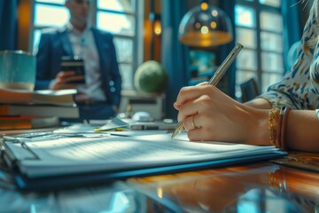 Wall Mural - Stock photo of a close-up of a young Latina womanâ€™s hands, wearing a bracelet and holding a smartphone, taking notes during a client consultation in a stylish office, background showing a European m