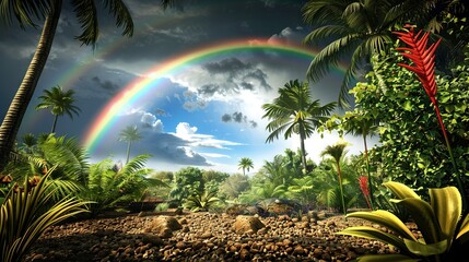 Poster -   Painting of a rainbow amidst palm trees in a jungle sky