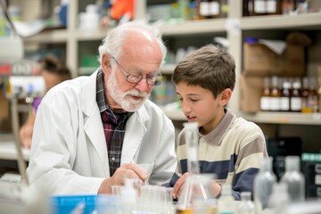 Canvas Print - An older man, a professor, mentors a young boy in a lab setting, instructing and guiding him, An older professor mentoring a younger student in a research lab