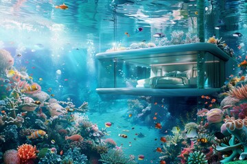 Wall Mural - A boat peacefully floats in the ocean waters, surrounded by colorful corals and marine life, An underwater hotel with transparent walls showcasing marine life