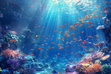 Wall Mural - An underwater view of a lively coral reef teeming with colorful fish swimming among the vibrant coral formations, An underwater scene with shimmering fish and coral reefs