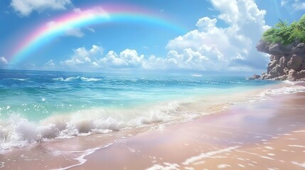 Poster -   Painting of a rainbow over the ocean, with a beach in the foreground and a cliff in the backdrop