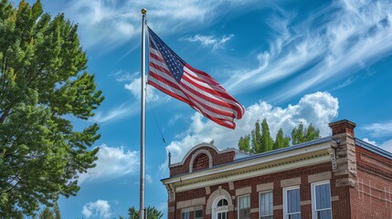 an american flag flies in front of a historic building.