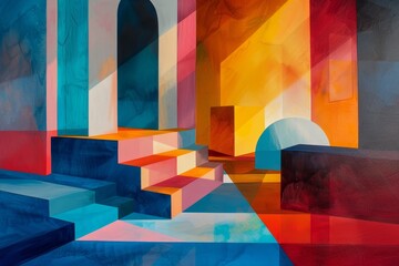 Poster - A painting depicting a stairway ascending towards a building, with abstract shapes and shadows creating a dynamic composition, Artistic focus on abstract shapes and shadows