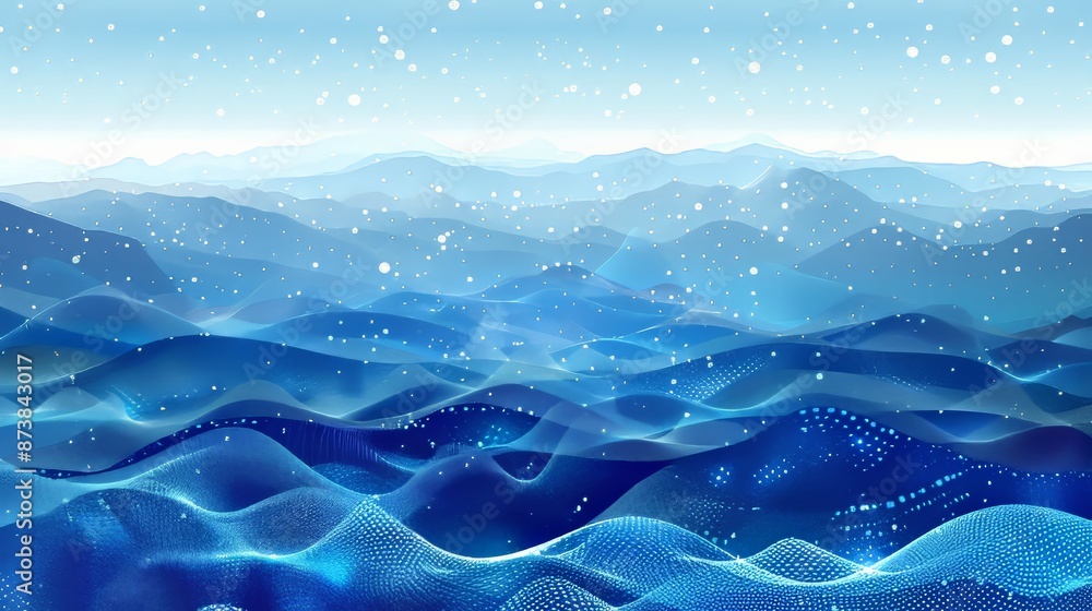 Abstract digital landscape with blue dots and light lines on the ...