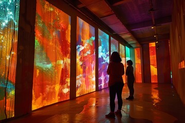 Sticker - Diverse group of individuals standing together in front of a vibrant, painted wall, Artistic projections creating a dynamic backdrop