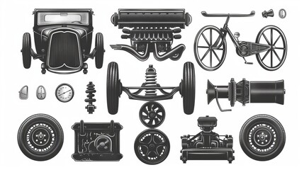 Wall Mural - Monochromatic vintage car components collection, featuring automobile motor, engine piston, steering wheel, tire, headlights, speedometer, gearbox, and shock absorber, in isolated vector illustration