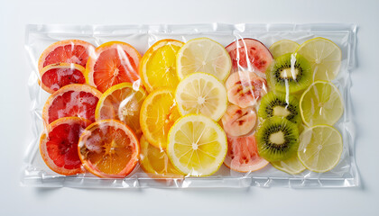 Wall Mural - Slices of orange in vacuum packed sealed for sous vide cooking isolated on grey background