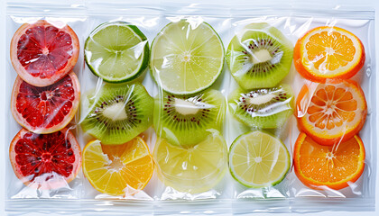 Wall Mural - Slices of orange in vacuum packed sealed for sous vide cooking isolated on grey background