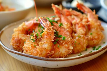 Sticker - Appetizing fried shrimp garnished with chives served on a plate