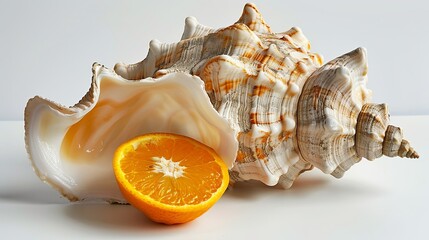 Wall Mural - Conch shell with oranges on a white background.