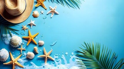 Summer vacation blue background copy space, tropical leaf starfish holiday hat