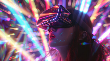 Wall Mural - A photograph of a young woman wearing VR goggles, facing slightly upwards, with an explosion of digital light effects in the background